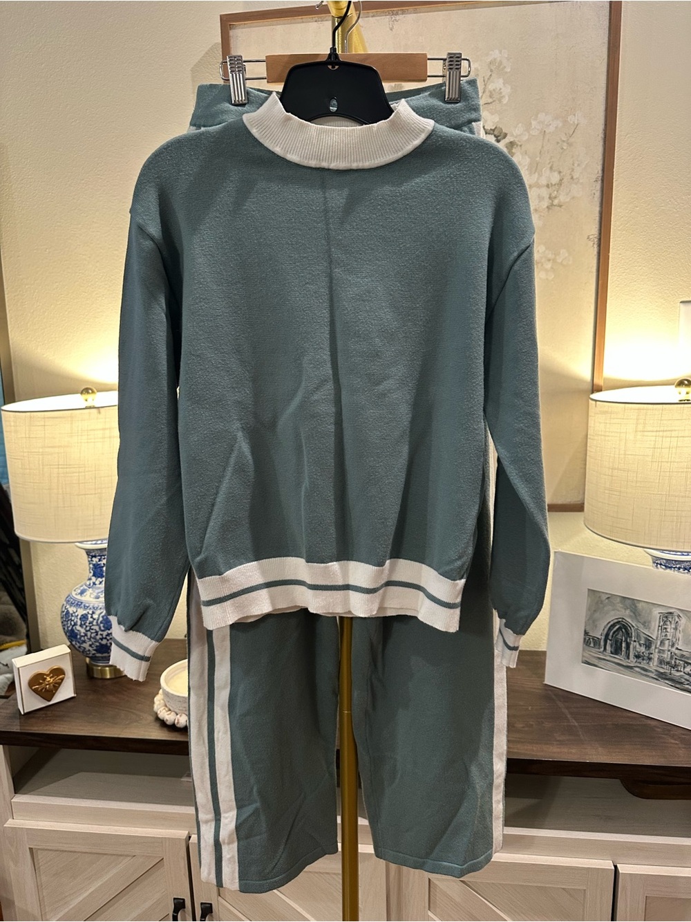 Casual Two-Piece Knit Set in Dusty Teal with White Trim